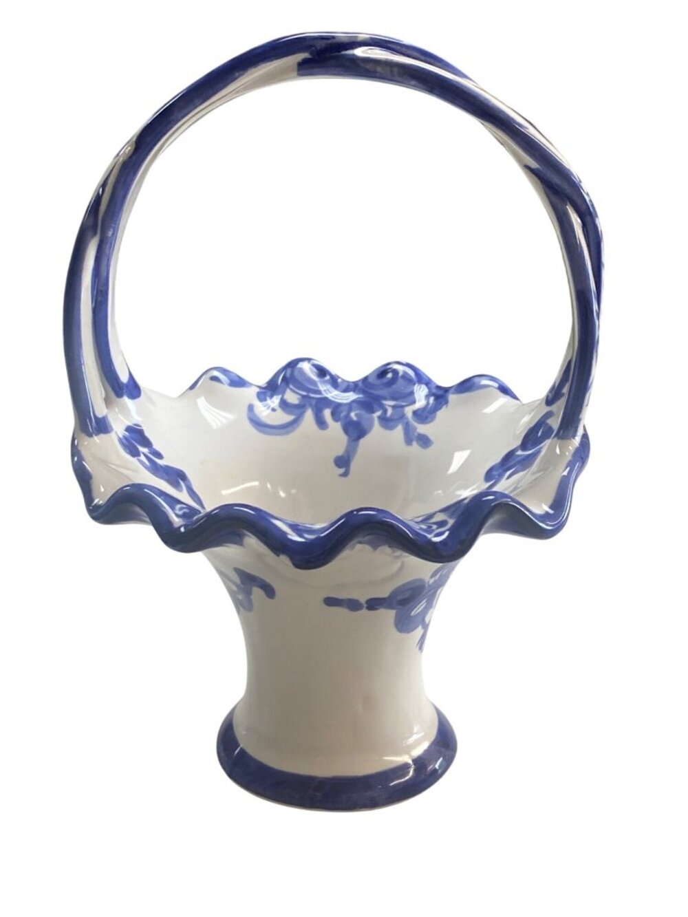 Hand-Painted Portuguese Ceramic Basket With Blue Floral Design - Picture 4 of 9